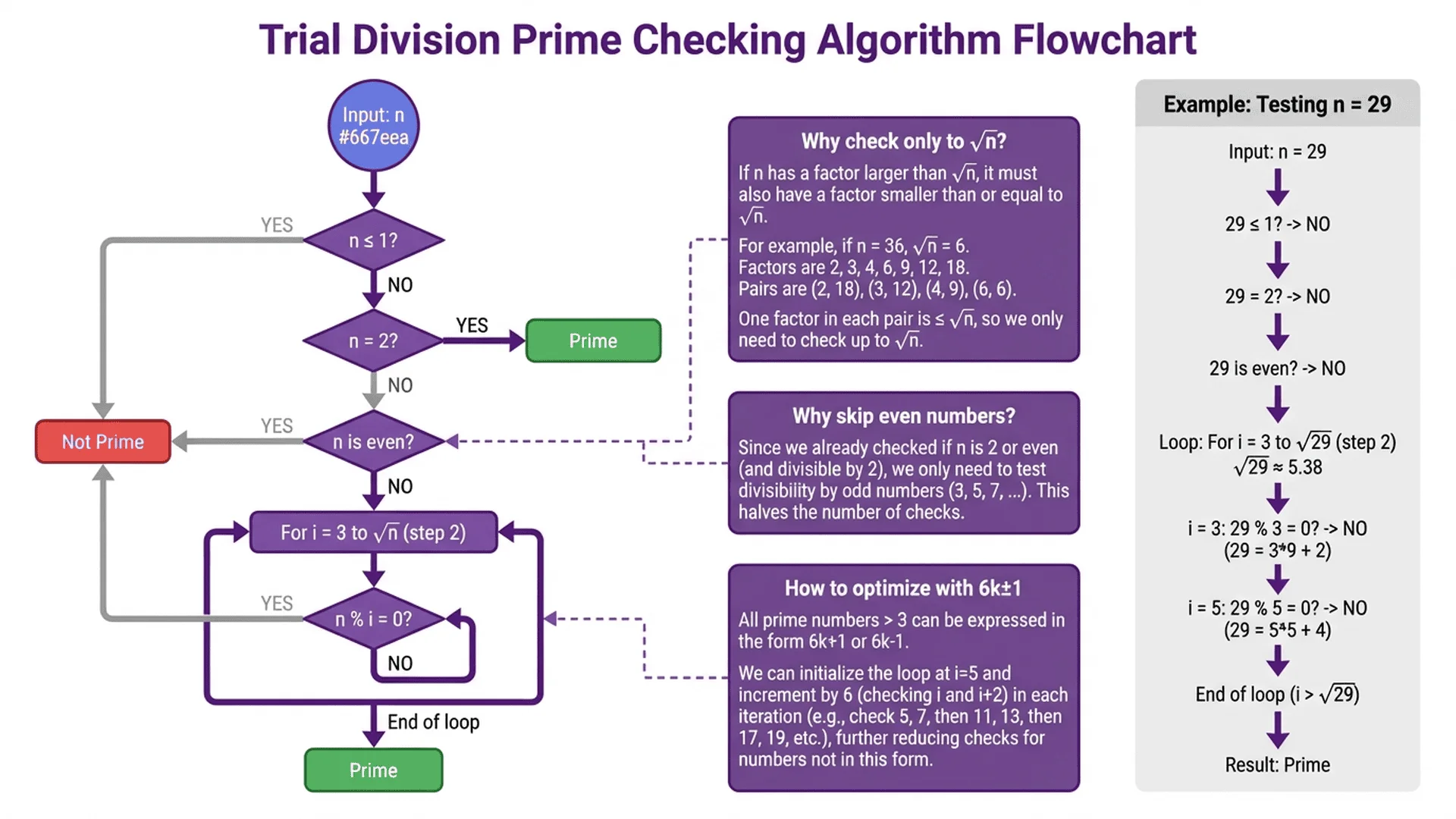 質數檢測方法流程圖，展示試除法的步驟邏輯和優化技巧