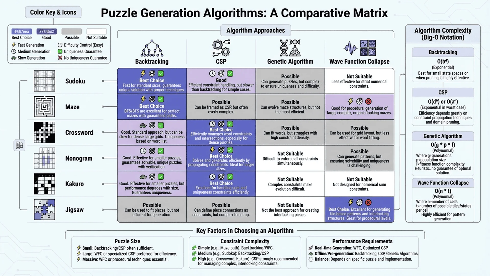 不同謎題類型的演算法選擇指南，比較生成方法、複雜度和適用場景