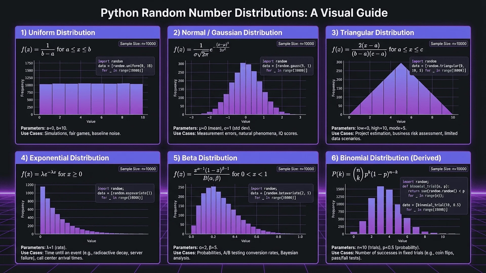 隨機數分布視覺化圖表，比較均勻分布、常態分布、三角分布等不同分布類型