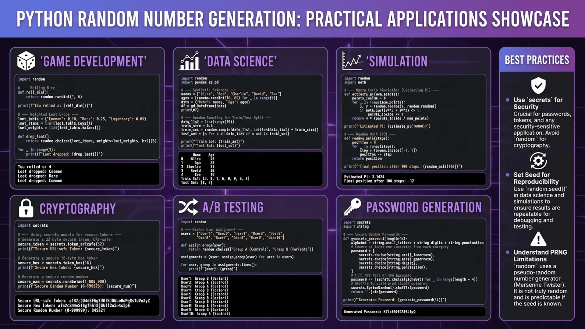 進階應用場景代碼範例集，包含遊戲開發、數據科學、模擬測試等實際應用