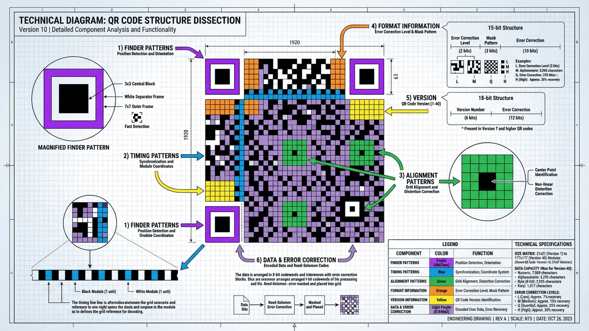 QR Code 結構解析圖，詳細標註定位點、時序圖樣、資料區等關鍵組成部分