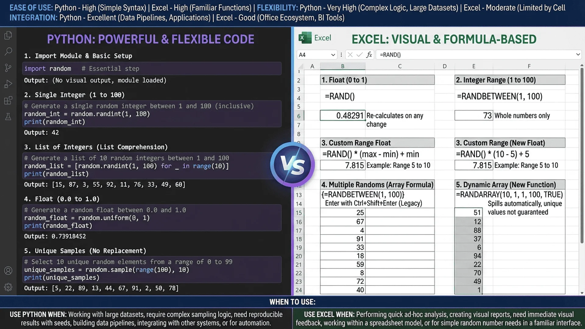 Python 和 Excel 隨機數生成代碼教學圖，並列展示兩種實現方式的語法和範例