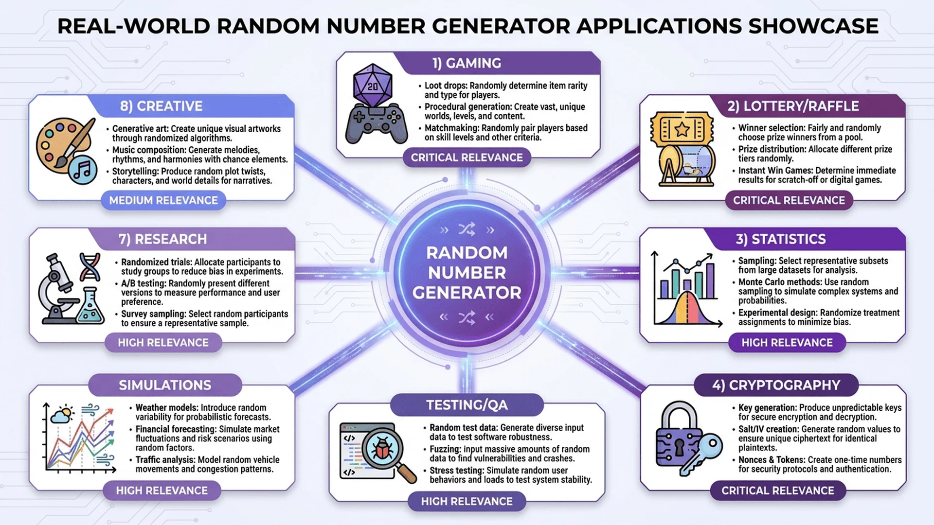 隨機數生成器實際應用場景圖集，展示遊戲、抽獎、測試、模擬等多種用途