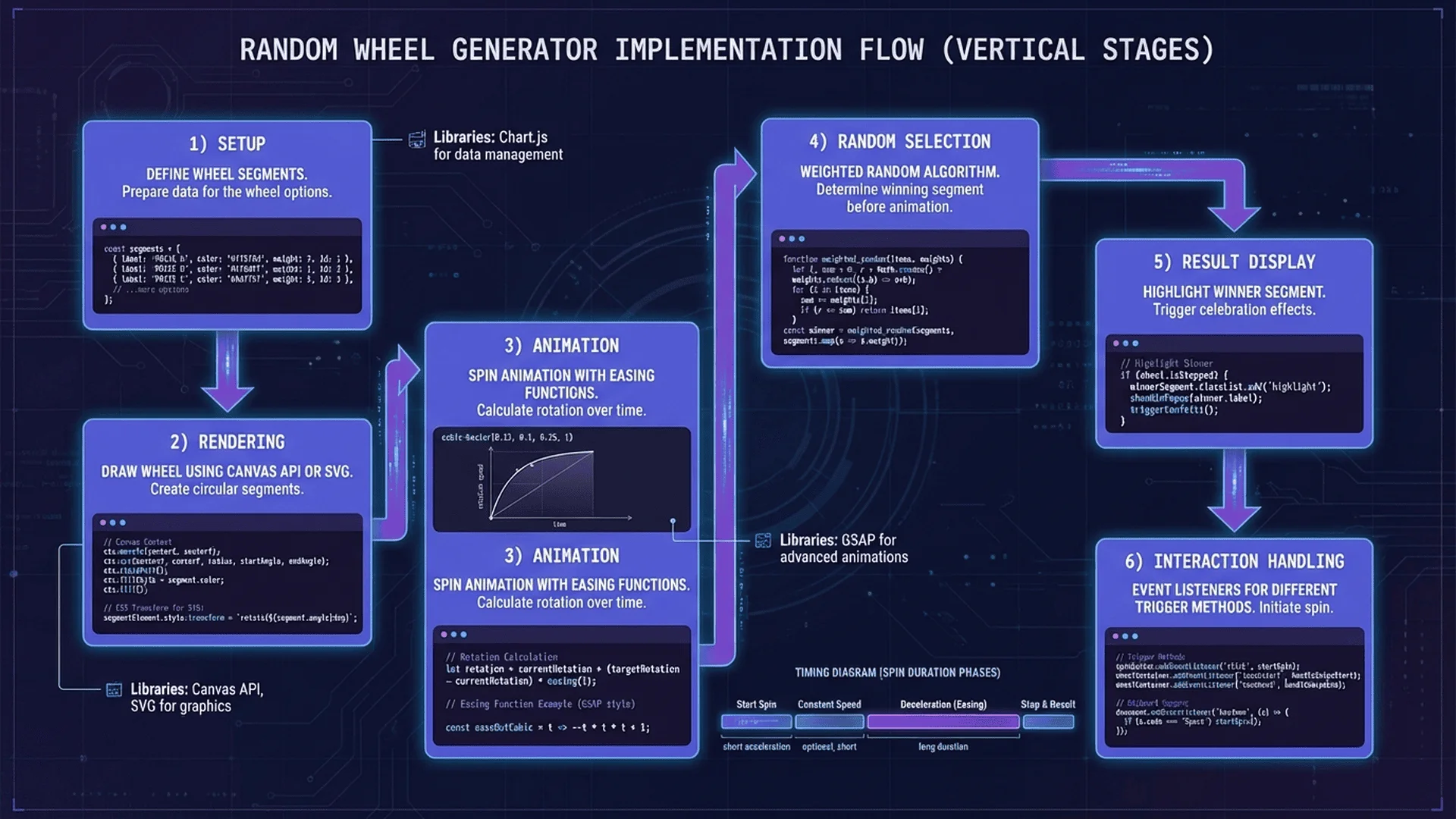 轉盤生成器技術實現流程圖，展示從設定選項到動畫效果的完整開發步驟