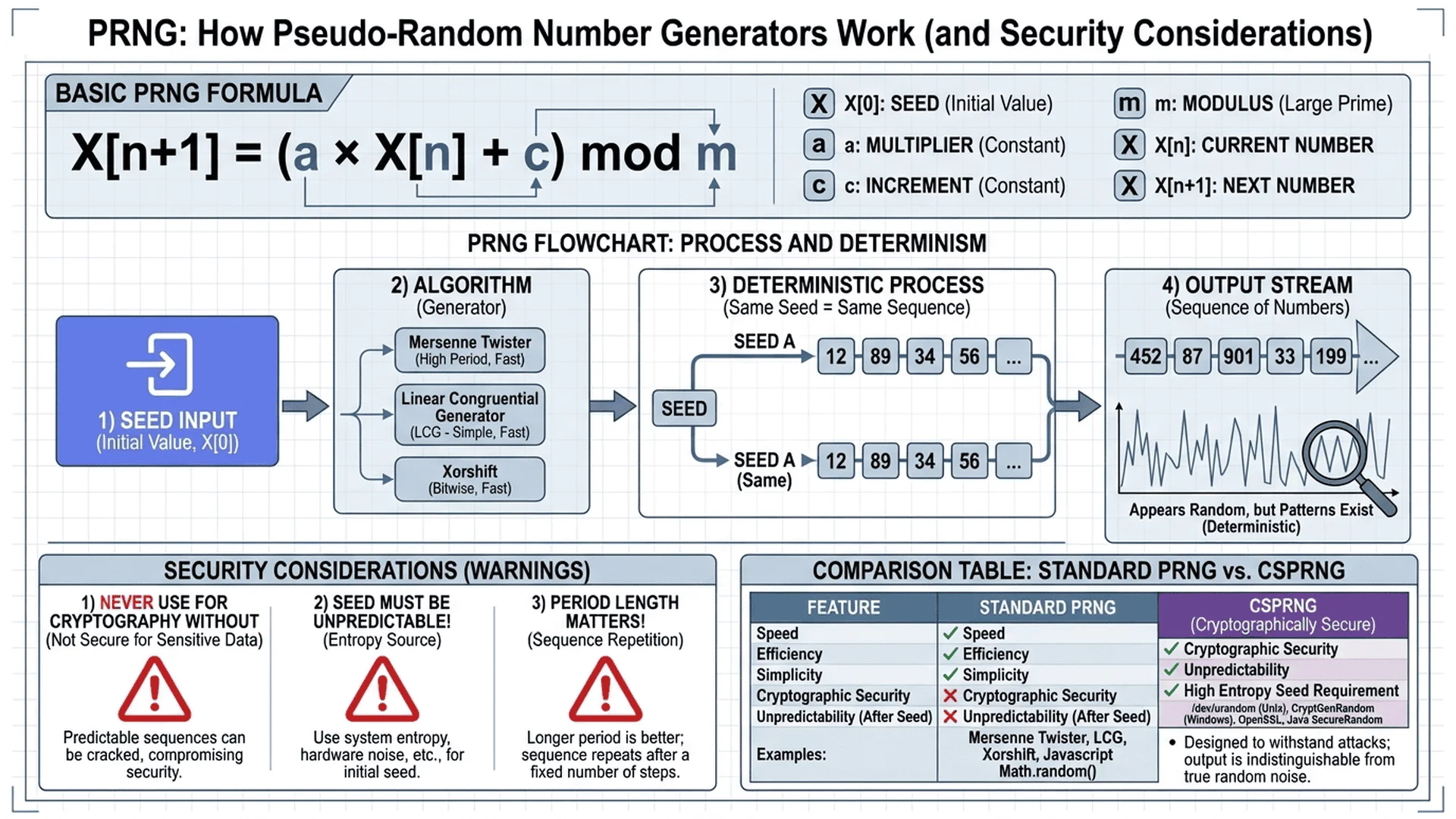 偽隨機數生成器 (PRNG) 原理圖，展示種子、算法和輸出序列的關係
