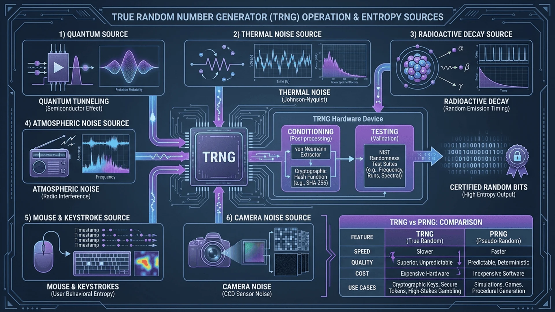 真隨機數生成器 (TRNG) 工作原理圖，展示物理熵源和量子隨機性