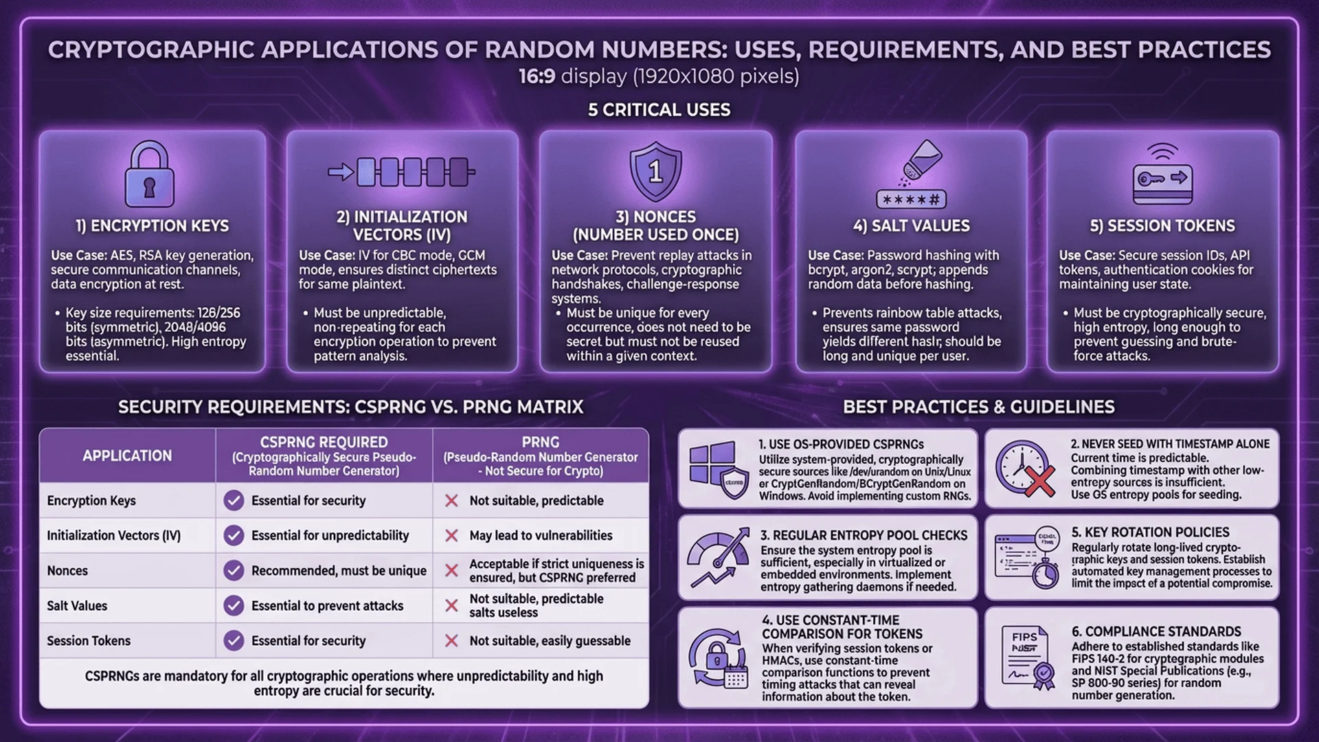 密碼學中隨機數的關鍵應用場景與安全最佳實踐，包含加密金鑰、初始向量、鹽值等用途