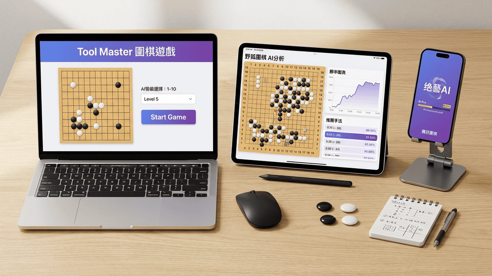桌面俯視圖，展示三個裝置並排擺放：筆記型電腦、平板、手機，每個螢幕都顯示不同的圍棋AI平台界面（Tool Master、野狐圍棋、騰訊圍棋），清楚展示各平台的AI功能特色