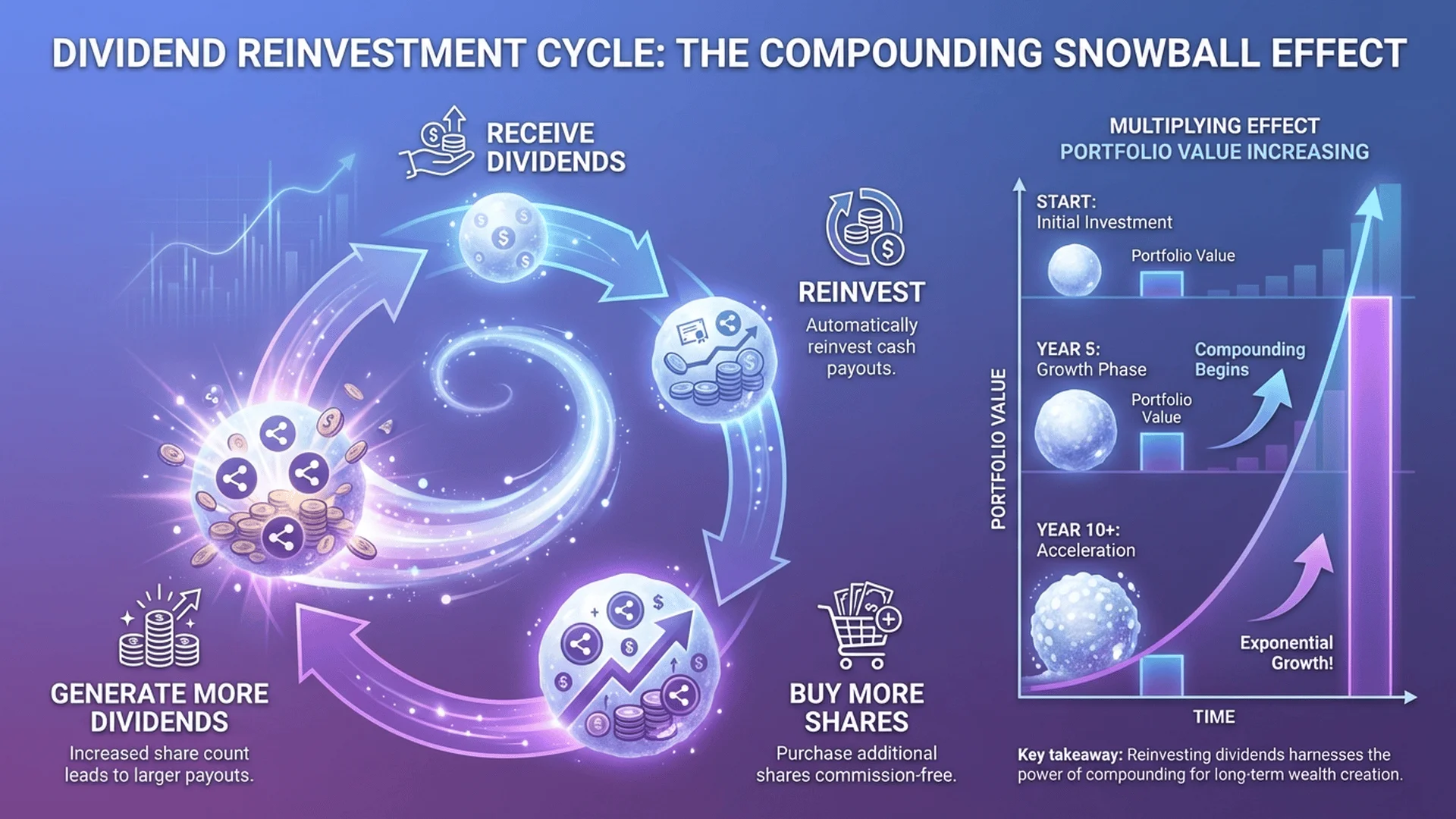 股息再投入複利機制圖解，展示雪球效應與資產累積