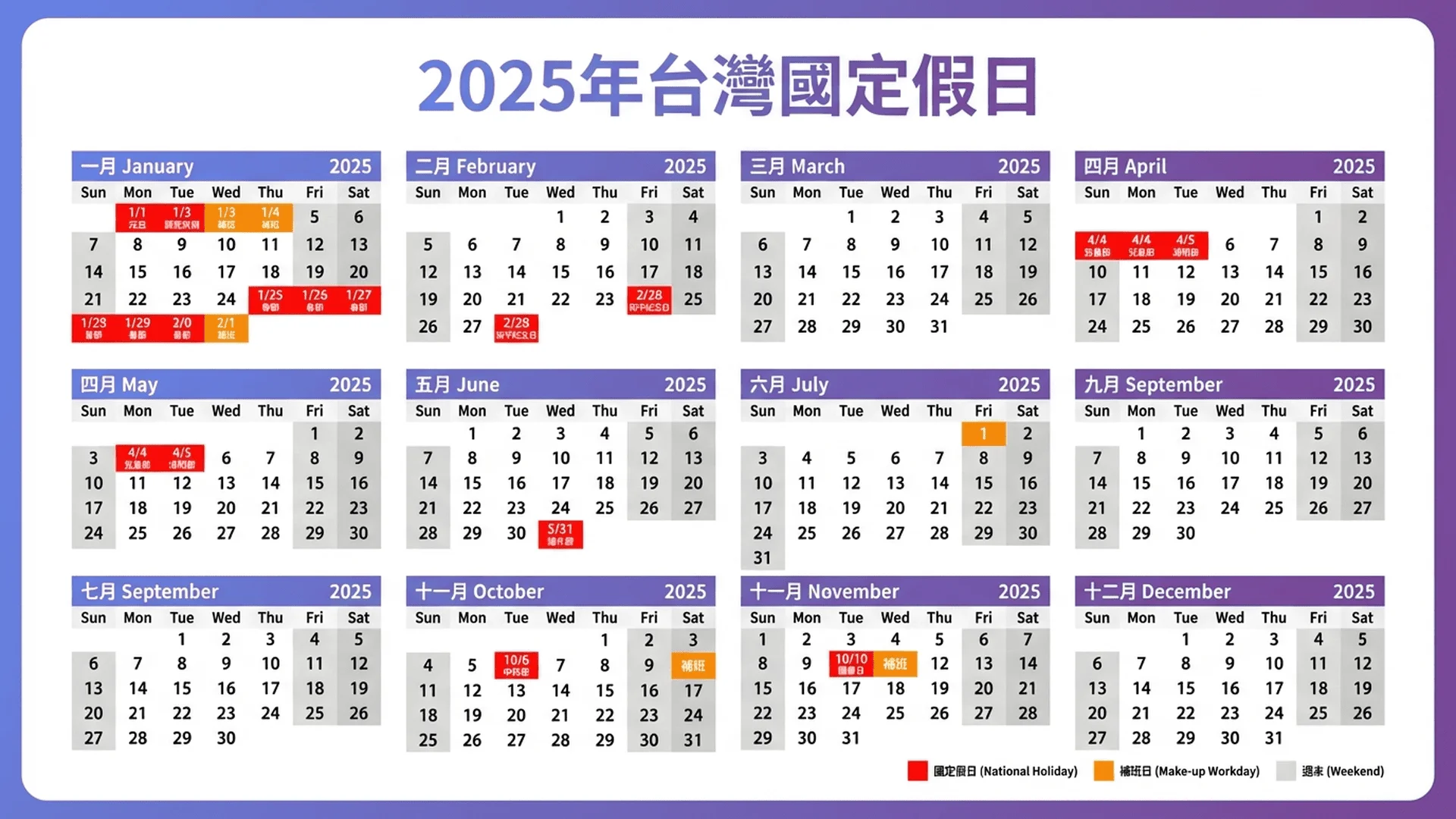 2025 年台灣國定假日年曆，標示所有放假日（紅色）、補班日（橘色）、一般工作日（白色），包含春節、國慶日等