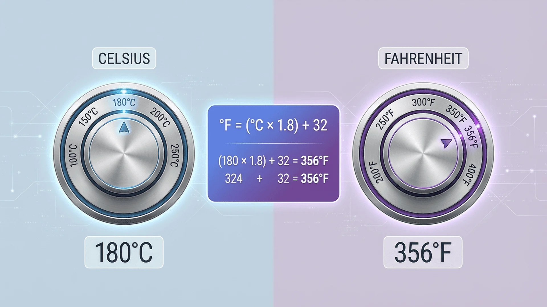 分屏資訊圖顯示左側烤箱旋鈕設定為180°C，右側為356°F，中央顯示轉換公式