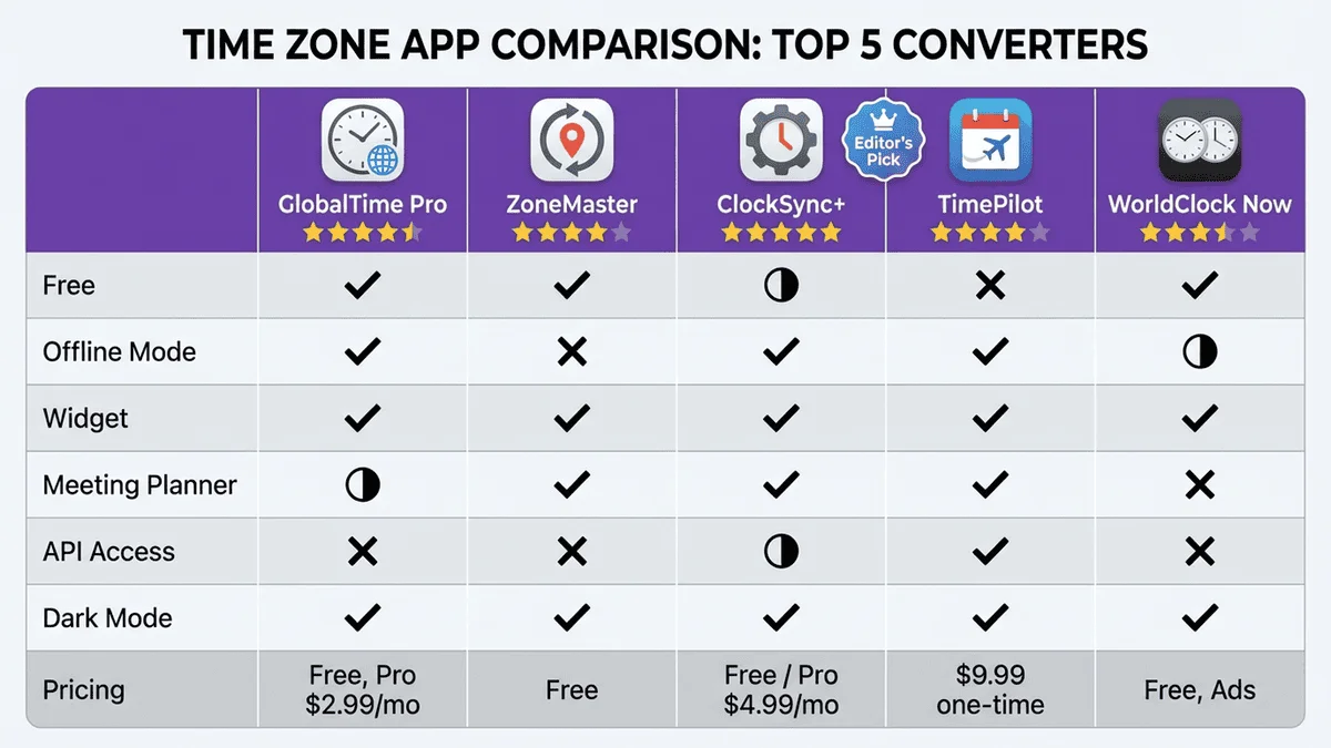 時區應用程式功能比較矩陣