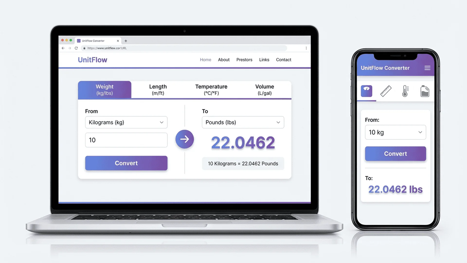 專業儀表板顯示單位轉換器介面，包含桌面和手機螢幕上的多個轉換類別（重量、長度、溫度和體積）