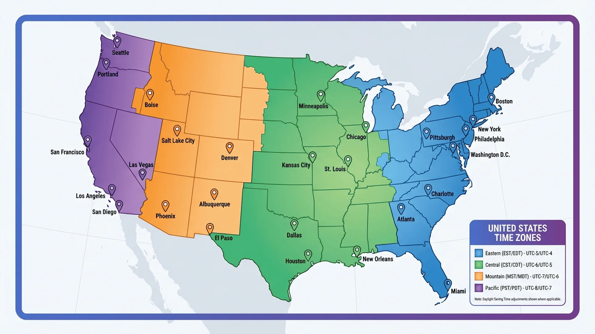 美國地圖顯示四個主要時區（EST、CST、MST、PST）的邊界和主要城市