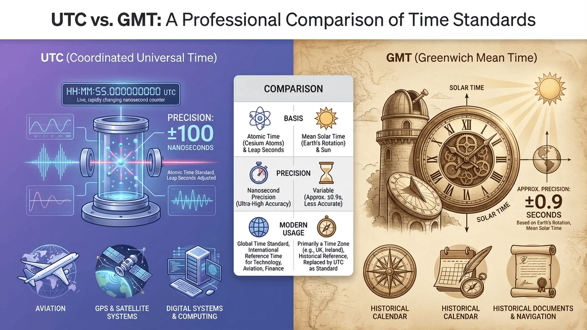 UTC 和 GMT 的比較圖表，顯示兩者的技術差異：原子鐘 vs 太陽時，精確度對比，並標示應用場景