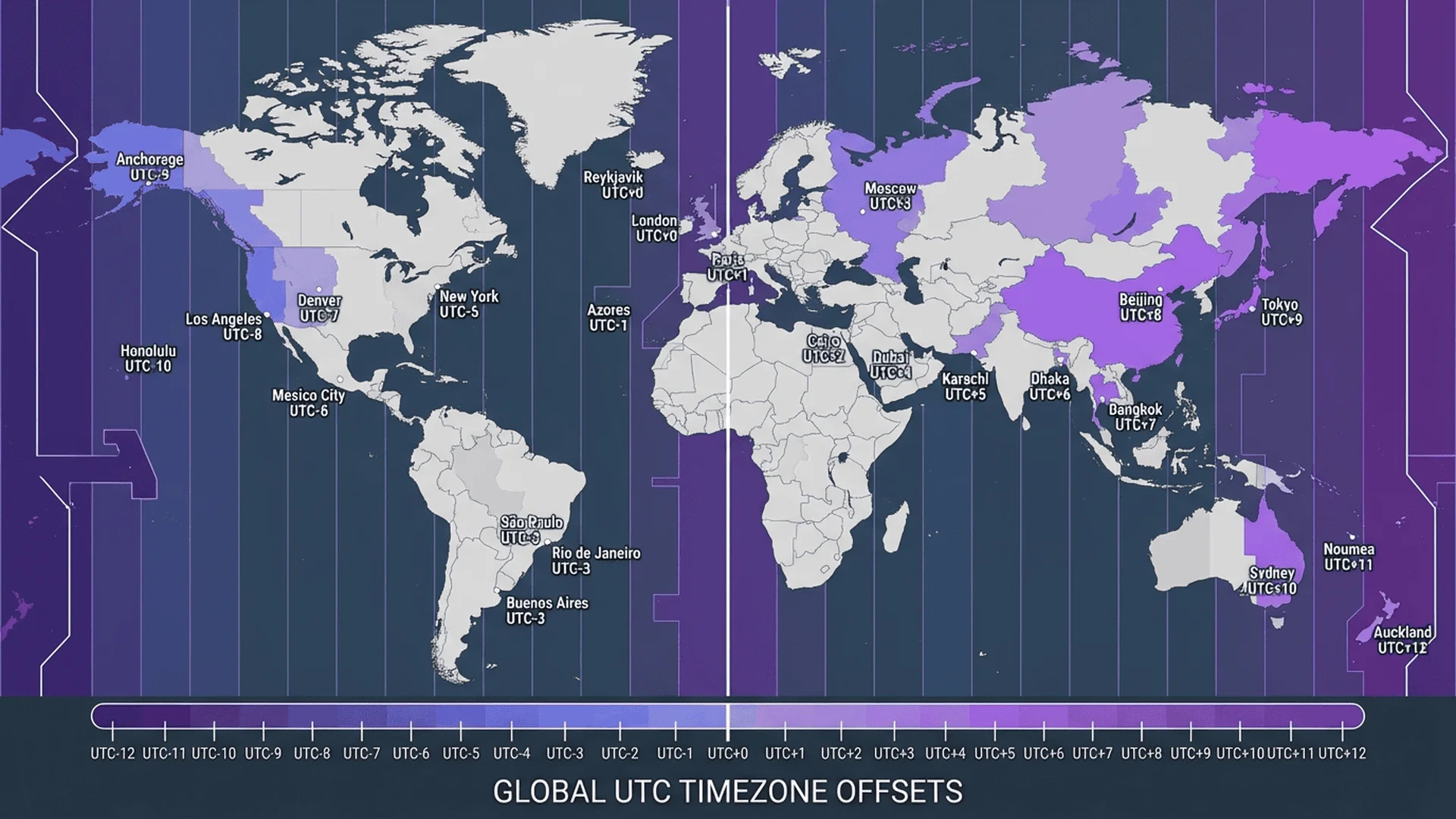 世界地圖顯示 UTC 時區偏移量，從 UTC-12 到 UTC+12，用不同顏色標示不同時區，標註主要城市和時區代碼