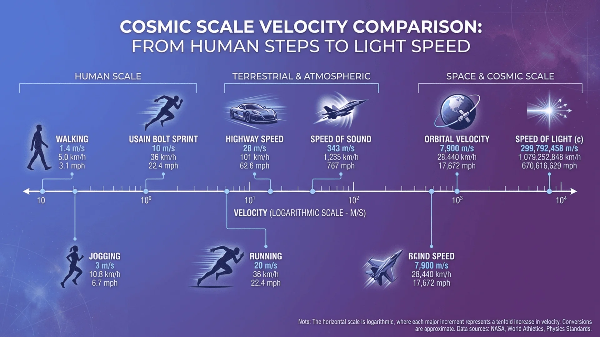 視覺刻度比較從步行(1 m/s)到光速的速度，標示m/s、km/h和mph