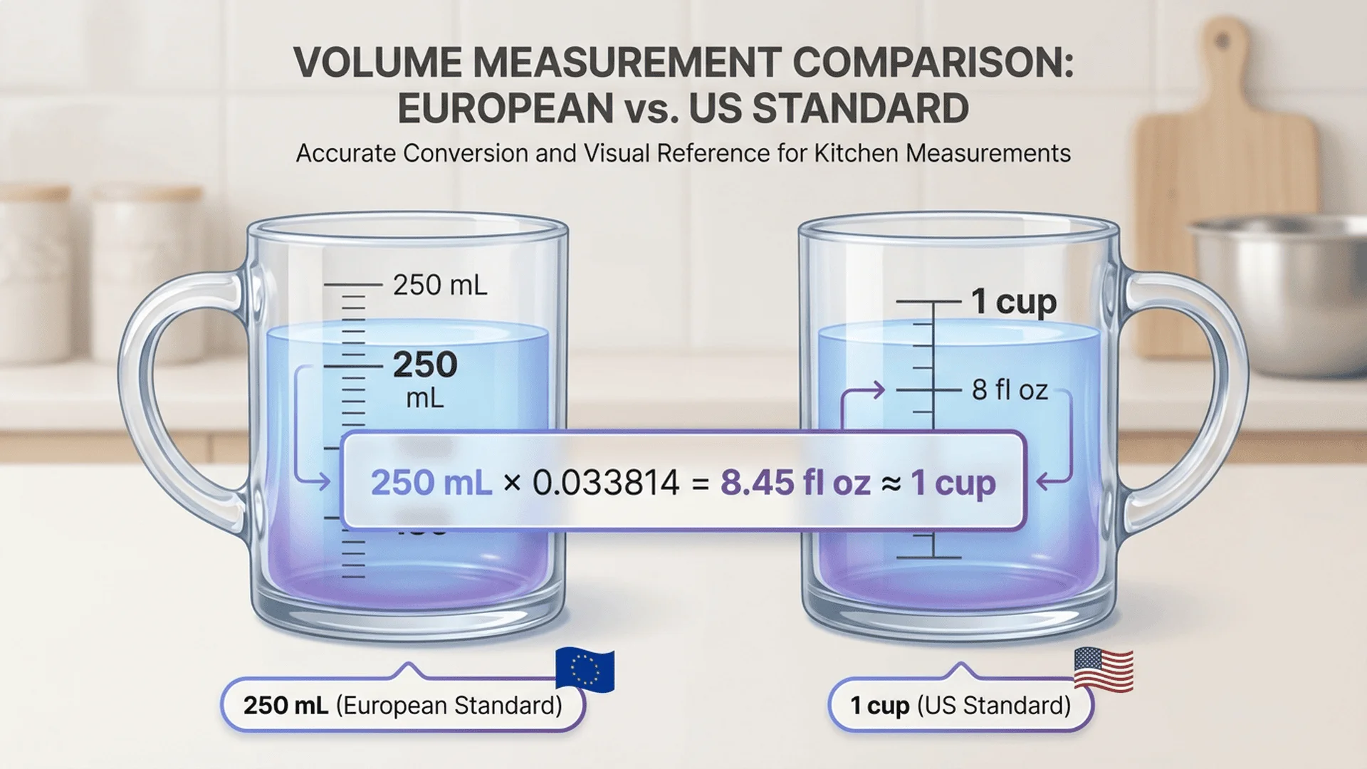 廚房場景顯示歐洲量杯標示250mL，旁邊是美國量杯標示1杯，覆蓋轉換公式