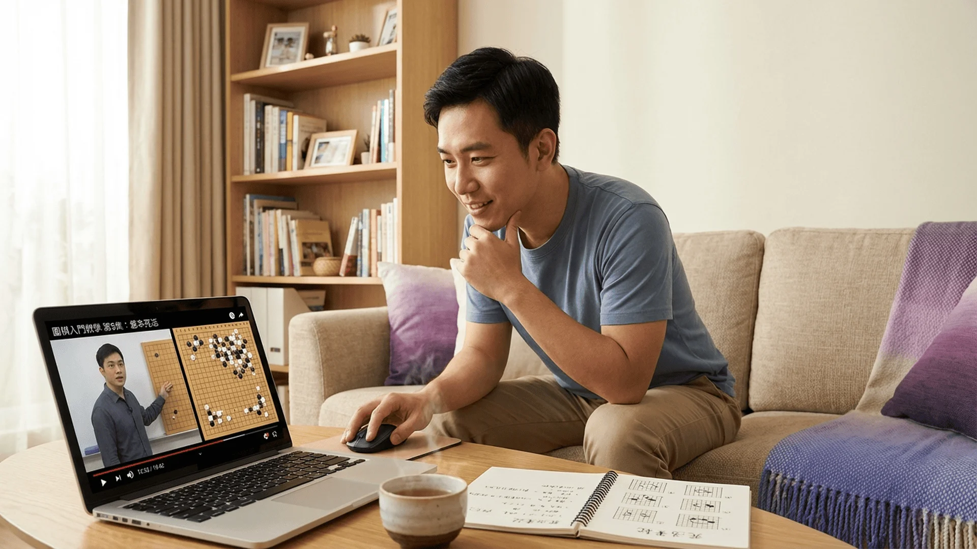 溫馨客廳環境，一位約28-32歲的亞洲男性坐在沙發上，身體微微前傾，專注地看著筆記型電腦。筆電螢幕清楚顯示圍棋教學影片：畫面分為左右兩部分，左側是講師半身，右側是19路棋盤特寫。桌上還有茶杯和攤開的筆記本