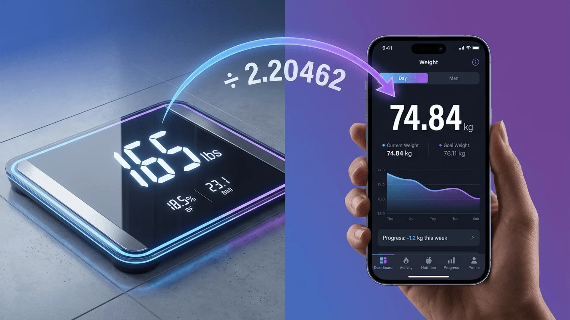 並排對比浴室磅秤顯示165磅和數位健身應用程式顯示74.84公斤，中間有轉換箭頭