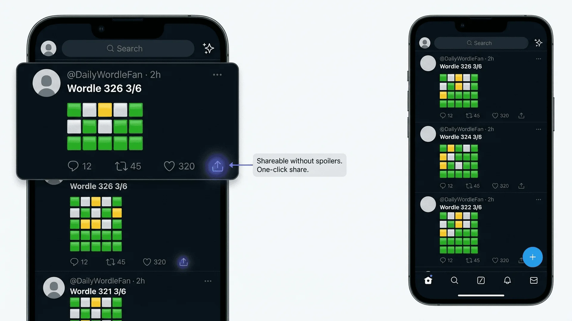 Wordle 社交分享設計範例，顯示 emoji 方格圖（🟩🟨⬜）在 Twitter 上的實際分享效果